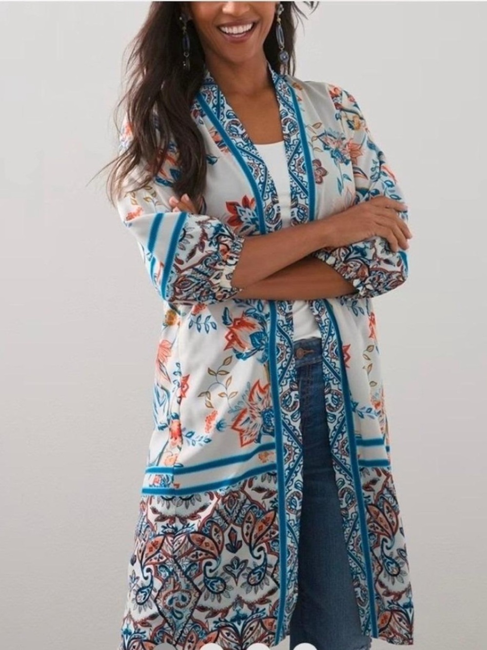 Chico's Rising Bloom Boho Floral Patched Kimono Duster Jacket Lined Large 12